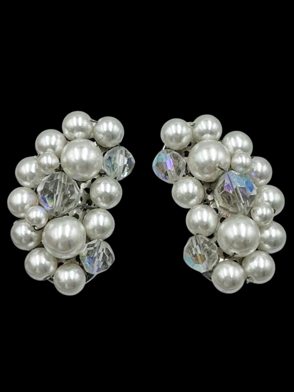 Japan Signed Vintage Faux Pearl Crescent Moon Clip On Earrings